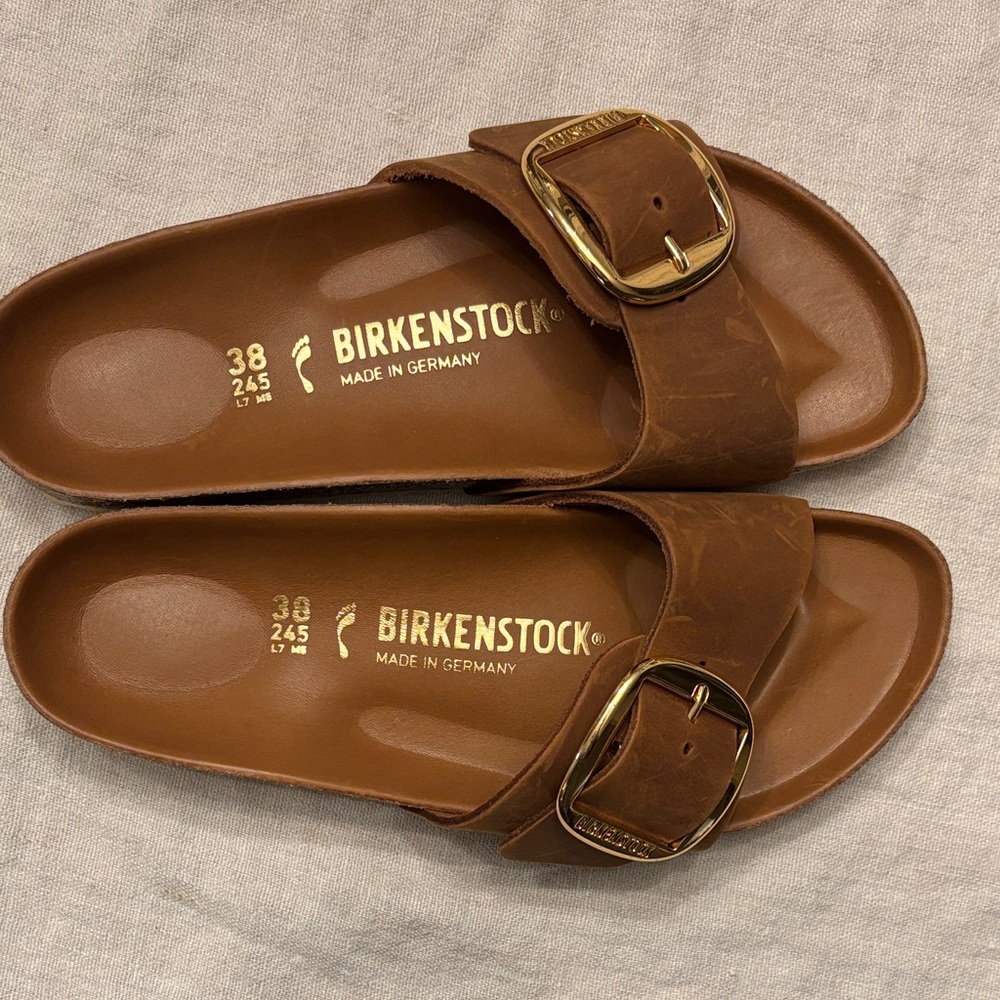 Birkenstock Brown Single Buckle Slide Sandals with Gold Hardware